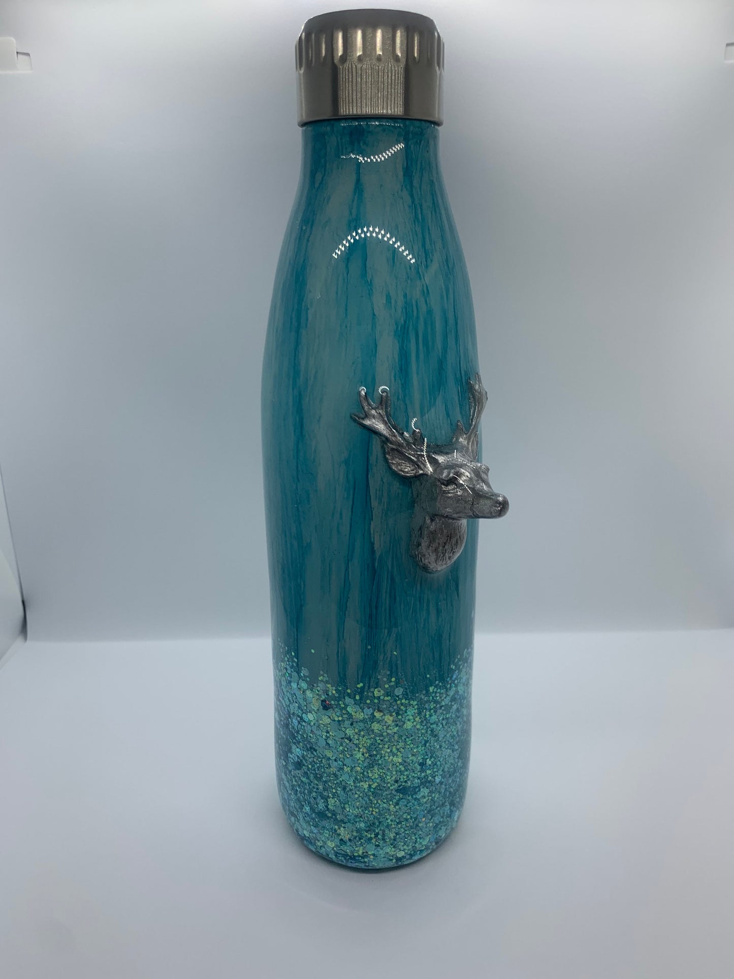 3D Deer Wood Grain Teal Glitter 17oz Water Bottle Tumbler