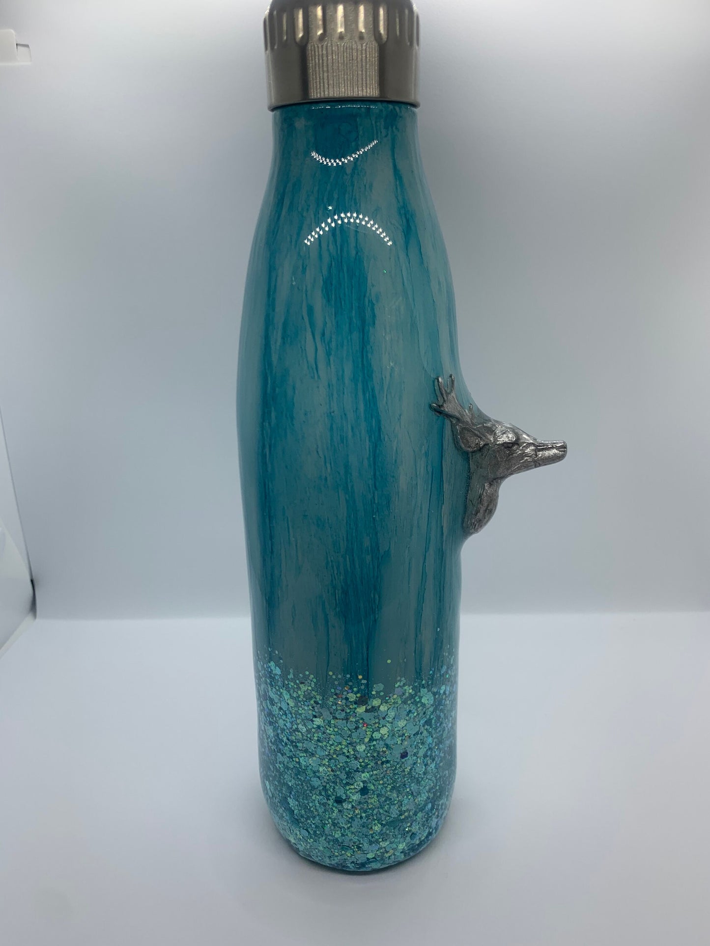 3D Deer Wood Grain Teal Glitter 17oz Water Bottle Tumbler