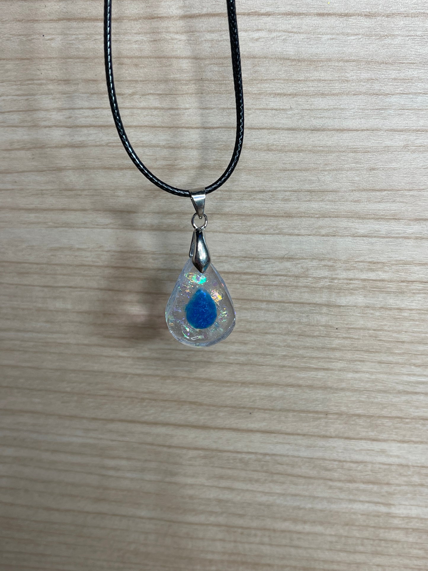 Blue Teardrop Set in Clear Holographic Teardrop Resin Pendant Necklace