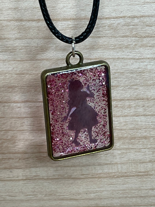 Lost Girl Pink Glitter Resin Pendant Necklace with Metal Frame