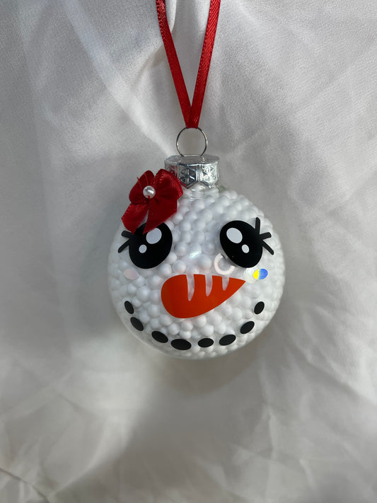 Bright Big Eyed Snow Woman with Red Bow Snowman Fake Snow Filled Christmas Glass Ornament