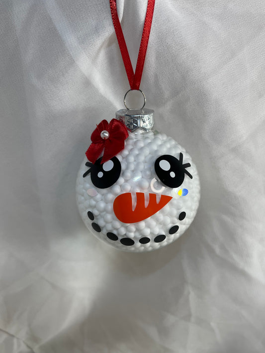 Bright Big Eyed Snow Woman with Red Bow Snowman Fake Snow Filled Christmas Glass Ornament