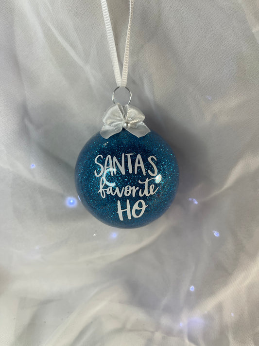 Santa’s Favorite Ho Light Blue with White Bow Christmas Glitter Glass Ornament