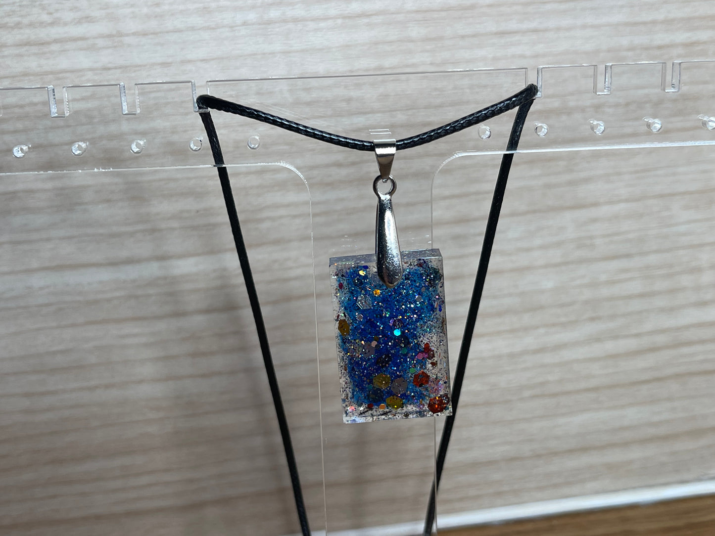 Dark Blue Splash Oops Scoop Square Glitter Resin Pendant Necklace