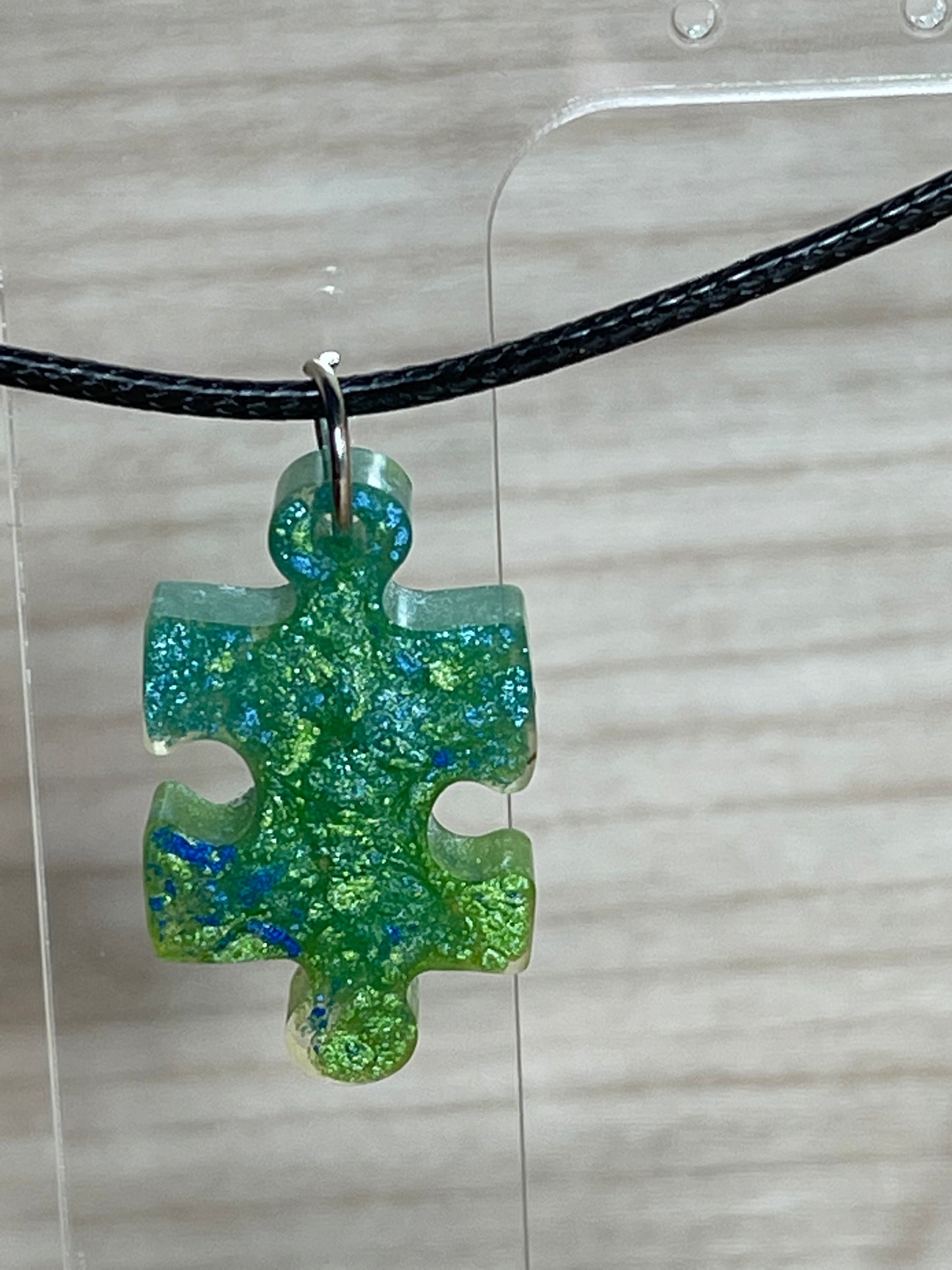 Blue Green Puzzle Piece Resin Pendant Necklace