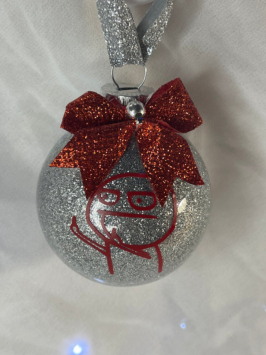Red F U Guy Christmas Glass Ornament Silver Glitter Middle Finger with Red Bow