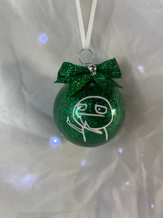 Green F U Guy Christmas Glass Ornament Glitter Middle Finger with Green Bow