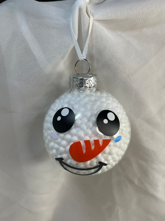 Big Eyed Smiley Face Snowman Fake Snow Filled Christmas Glass Ornament