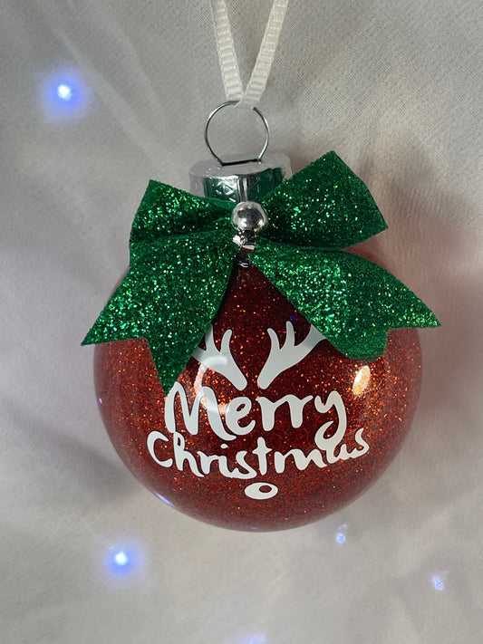 Merry Christmas Glass Ornament Red Glitter Green Bow