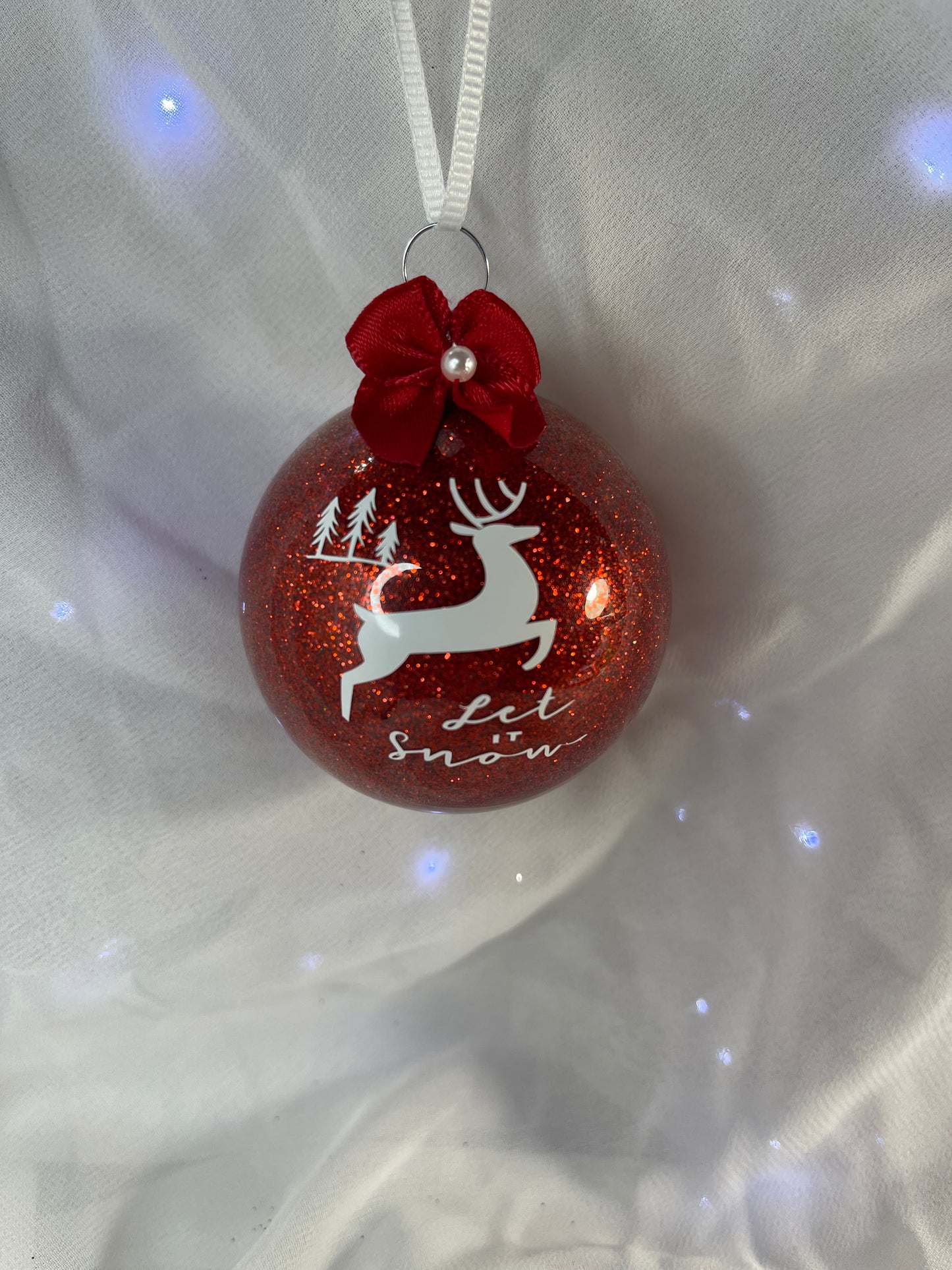Let it Snow Red with Bow Christmas Glitter Glass Ornament Deer