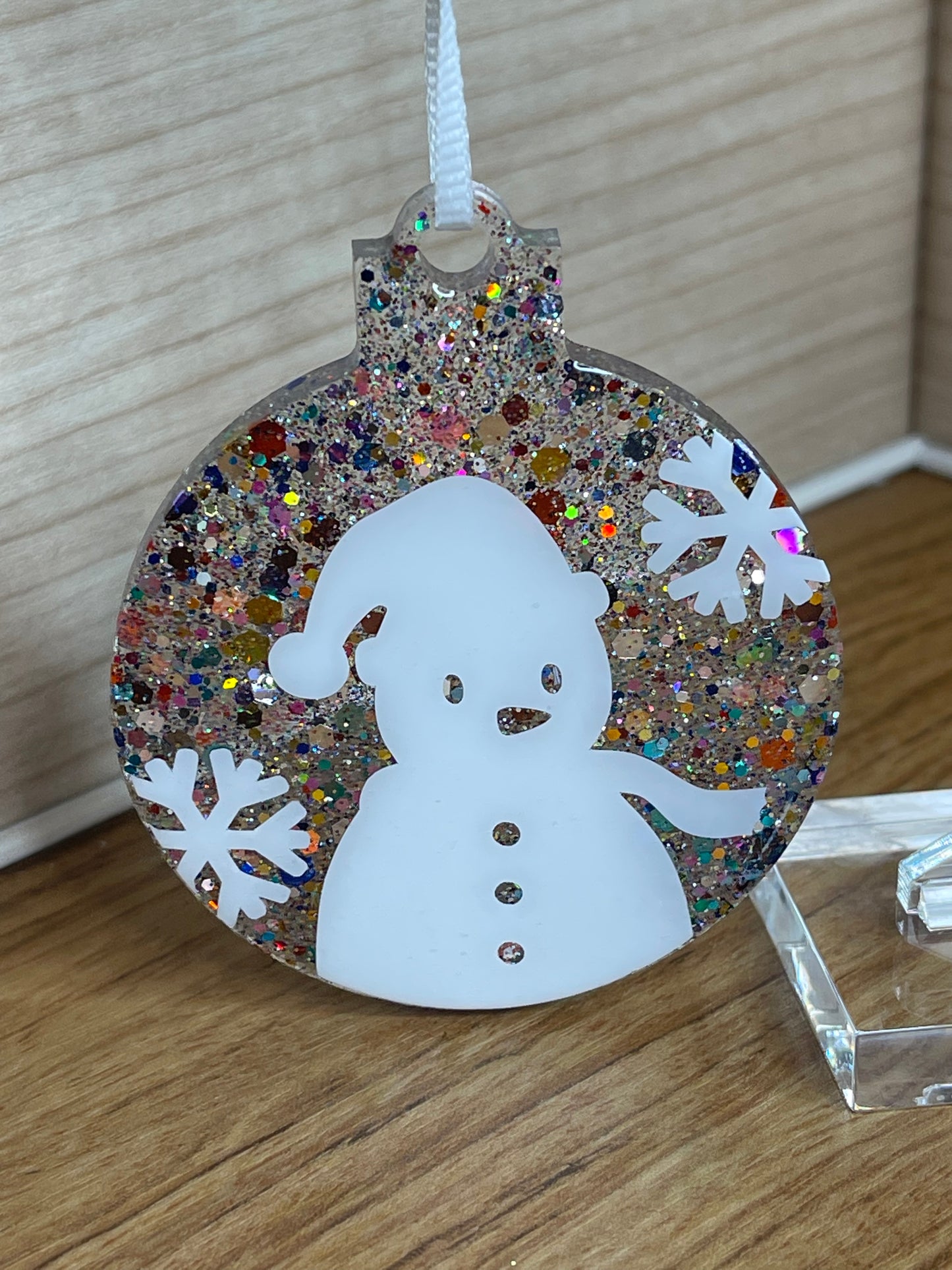 Snowman and Snowflakes Oops Scoop Glitter Flat Christmas Ornament