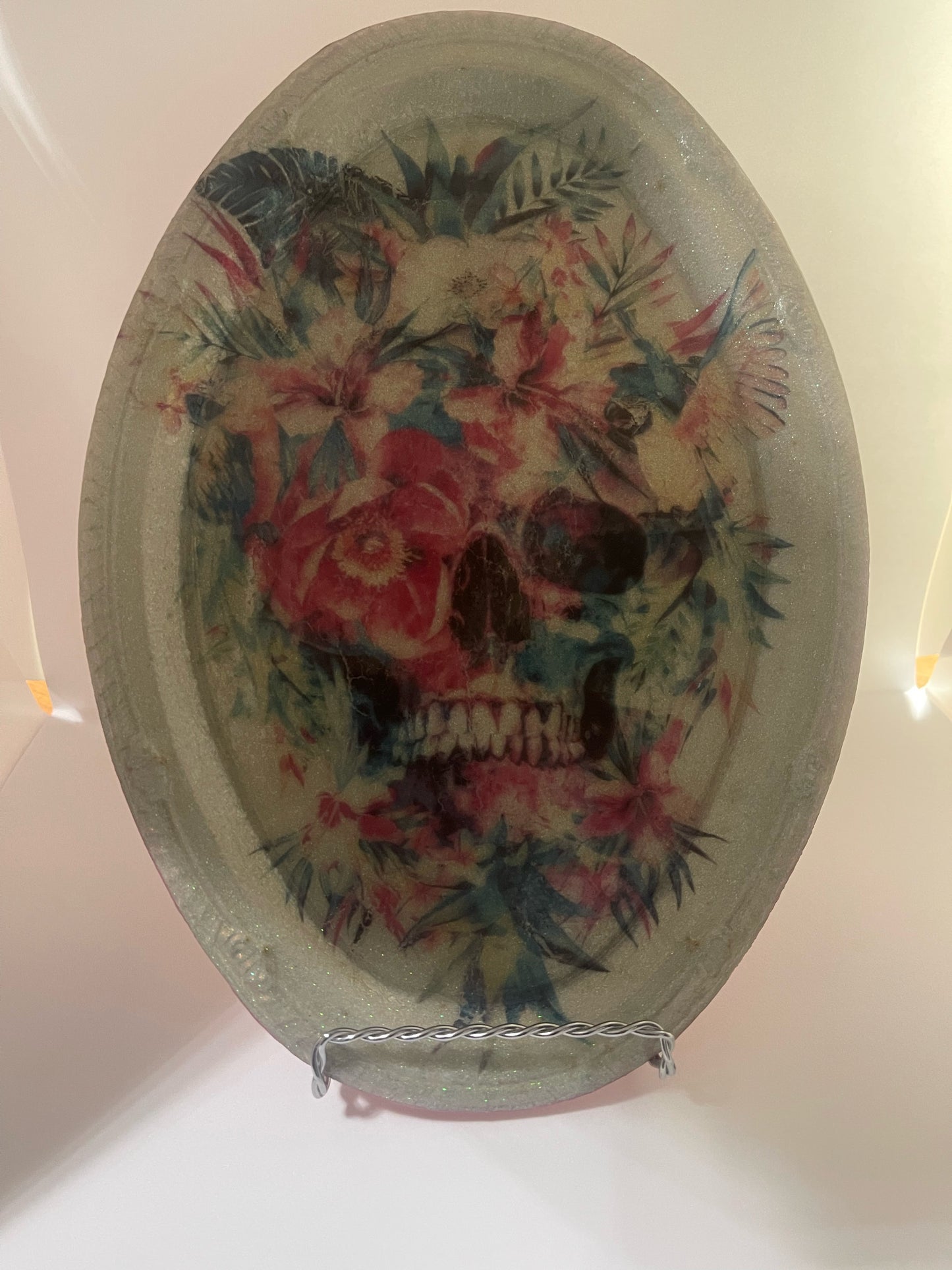 Colorful Flower Skull on White Glitter Rolling Tray Make up Tray