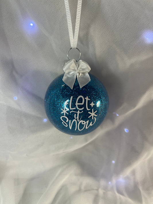 Let it Snow Light Blue with White Bow Christmas Glitter Glass Ornament