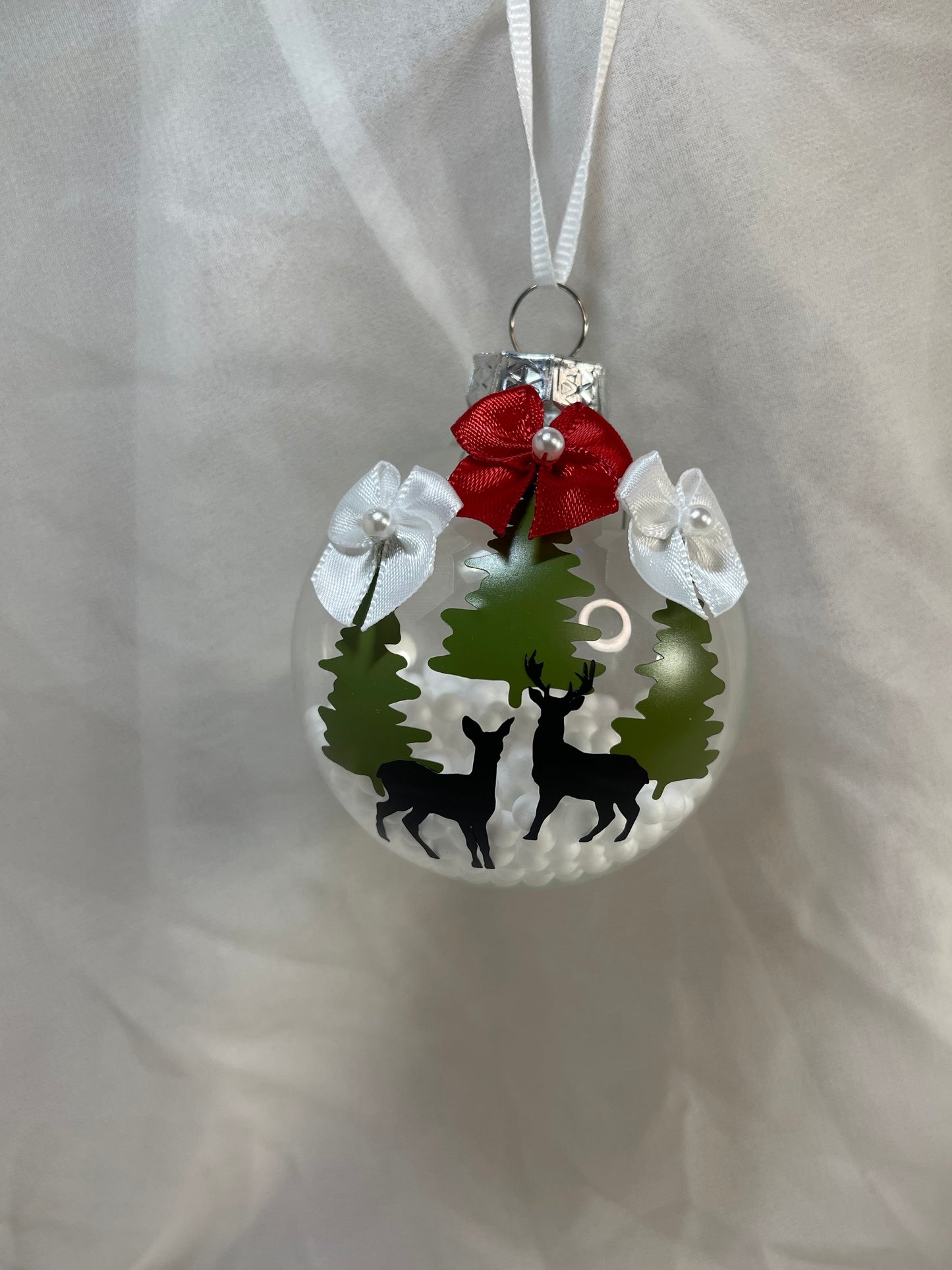 Christmas Trees with Deer and Bows Fake Snow Filled Christmas Glass Ornament