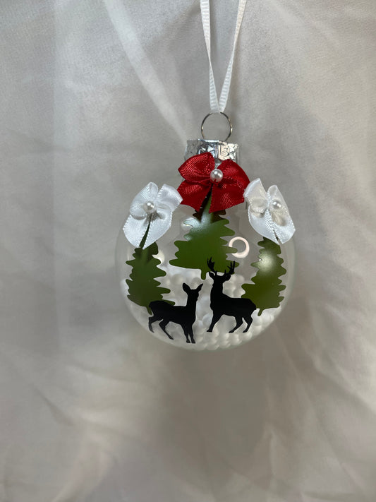 Christmas Trees with Deer and Bows Fake Snow Filled Christmas Glass Ornament