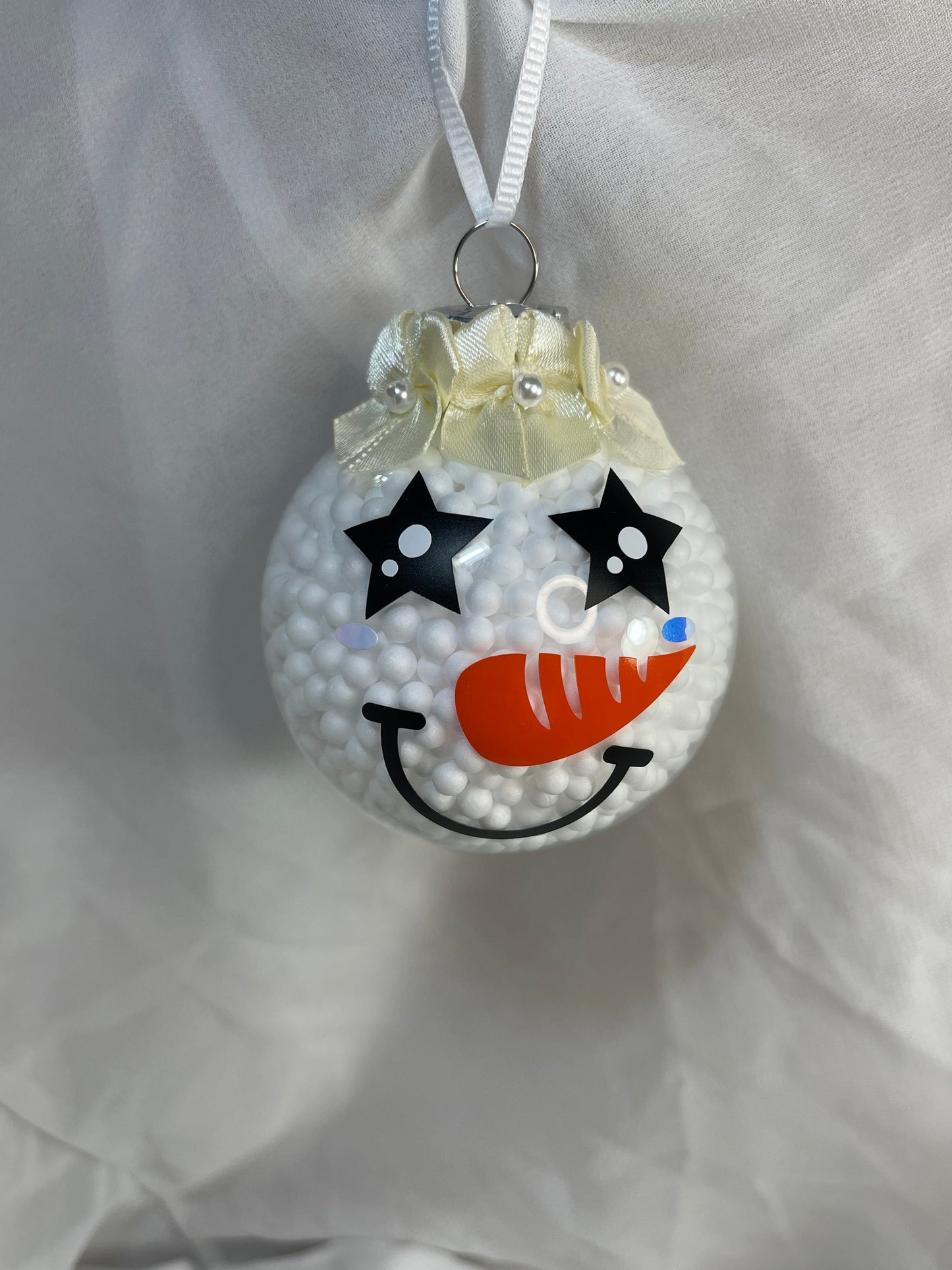 Star Eye Snow Woman with Cream Bows Snowman Fake Snow Filled Christmas Glass Ornament