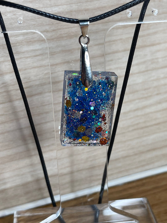 Dark Blue Splash Oops Scoop Square Glitter Resin Pendant Necklace