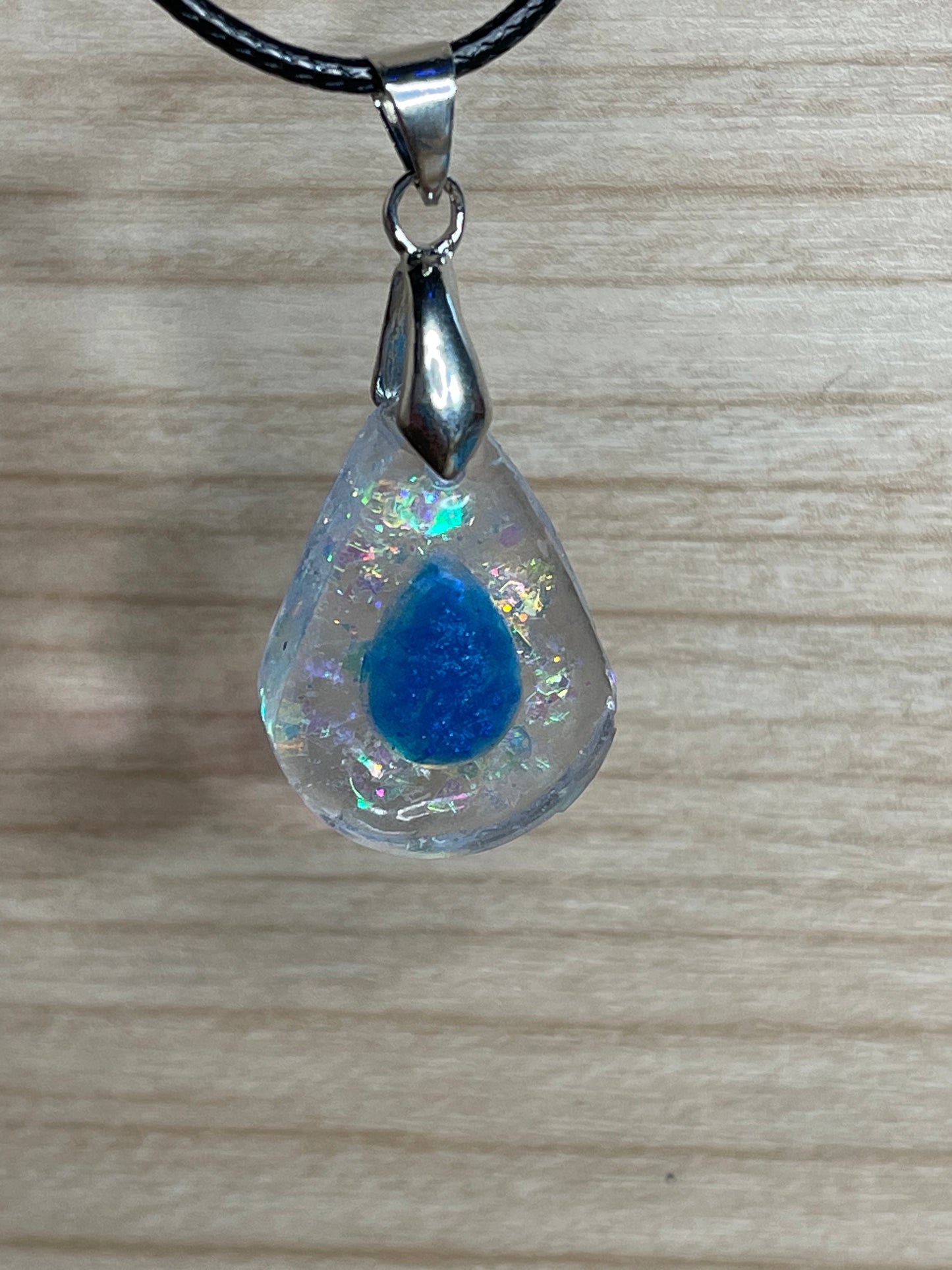Blue Teardrop Set in Clear Holographic Teardrop Resin Pendant Necklace