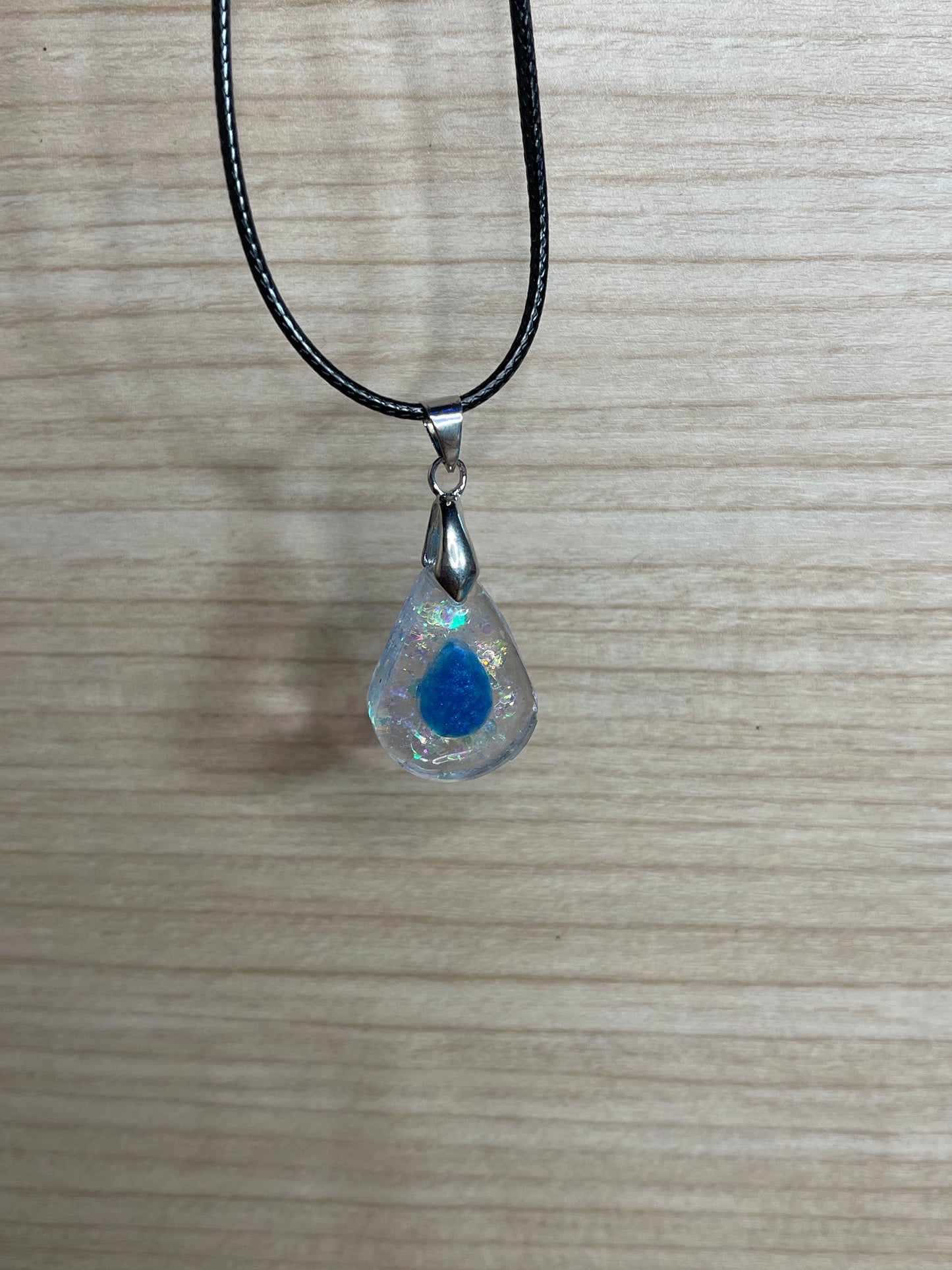 Blue Teardrop Set in Clear Holographic Teardrop Resin Pendant Necklace