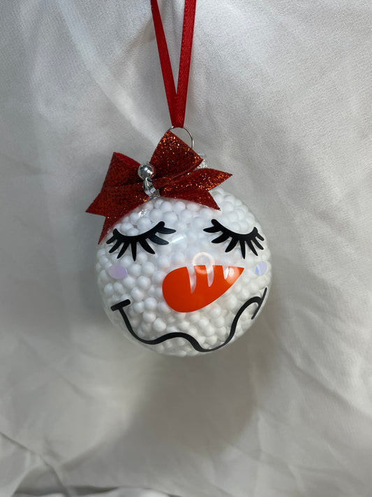 Eyelashes Snow Woman with Red Glitter Bow Snowman Fake Snow Filled Christmas Glass Ornament