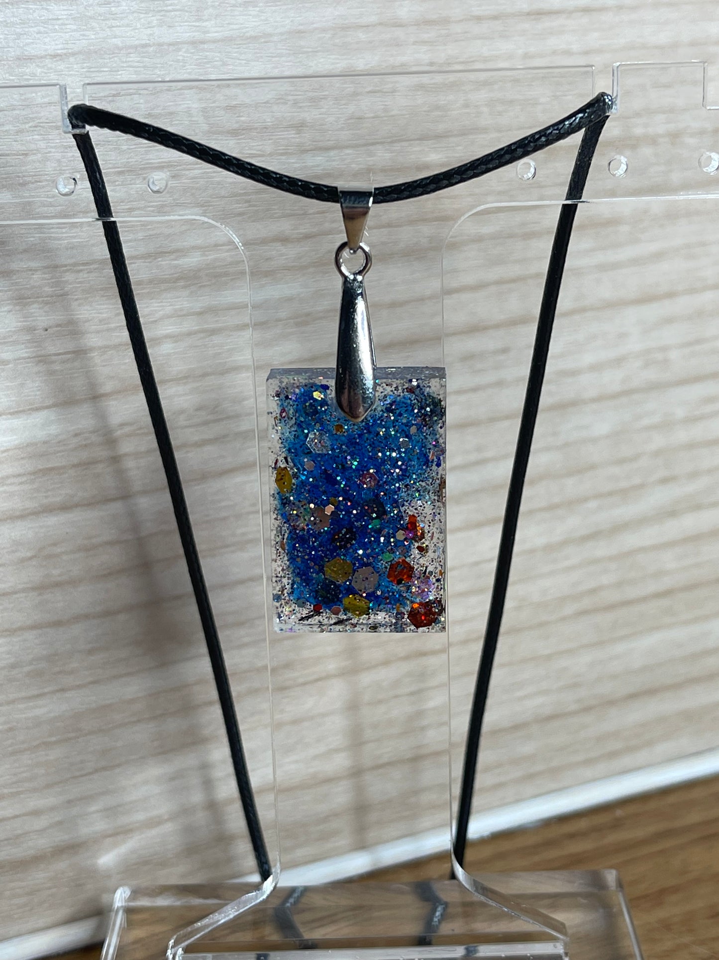 Dark Blue Splash Oops Scoop Square Glitter Resin Pendant Necklace