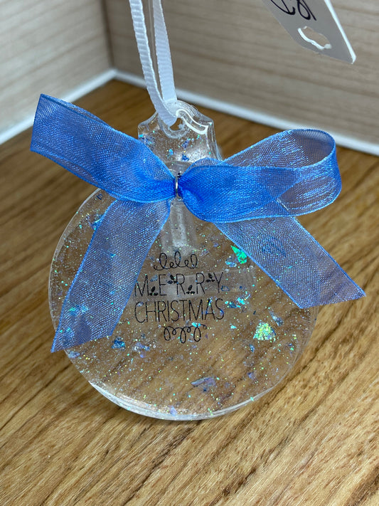 Merry Christmas Translucent Blue Snow Falling Clear Flat Christmas Ornament