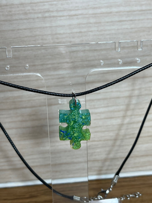 Blue Green Puzzle Piece Resin Pendant Necklace