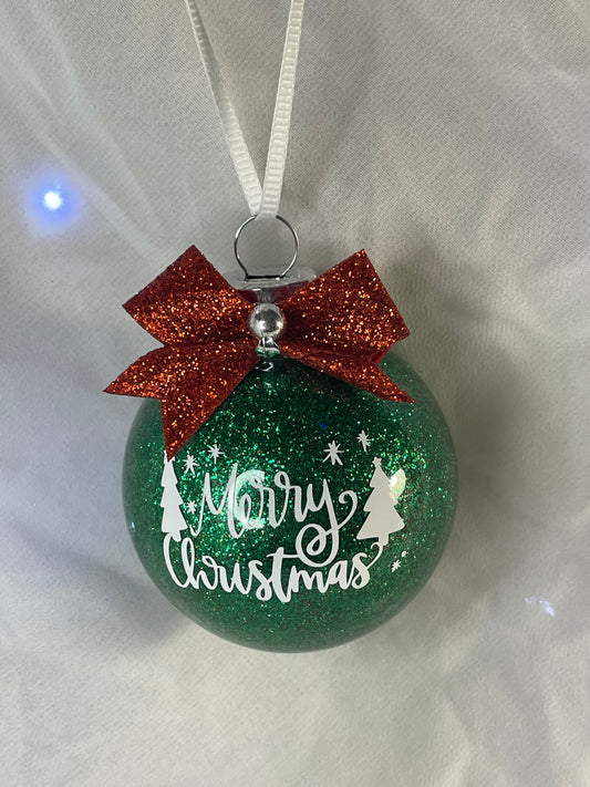 Merry Christmas Glass Ornament Green Glitter Red Bow