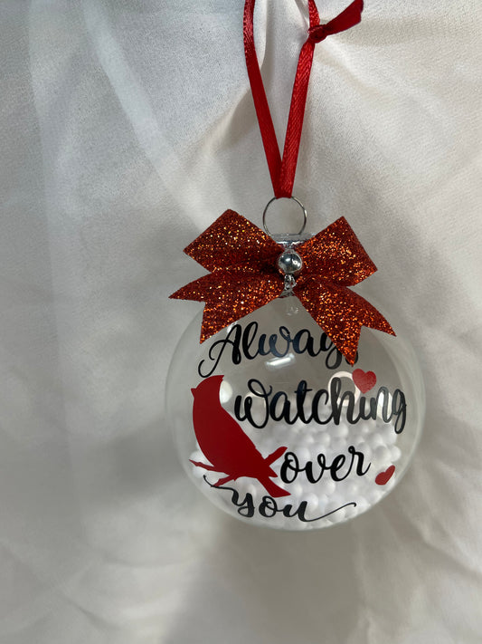 Always Watching Over You Cardinal Fake Snow Filled Christmas Glass Ornament