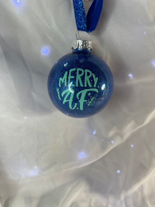 Merry AF Aqua and Dark Blue Christmas Glitter Glass Ornament