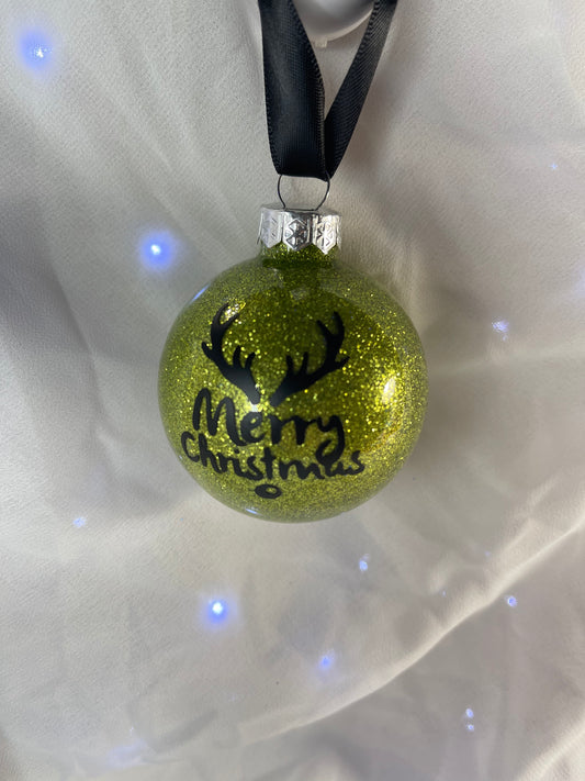 Avocado Green Merry Christmas Glitter Glass Ornament Reindeer
