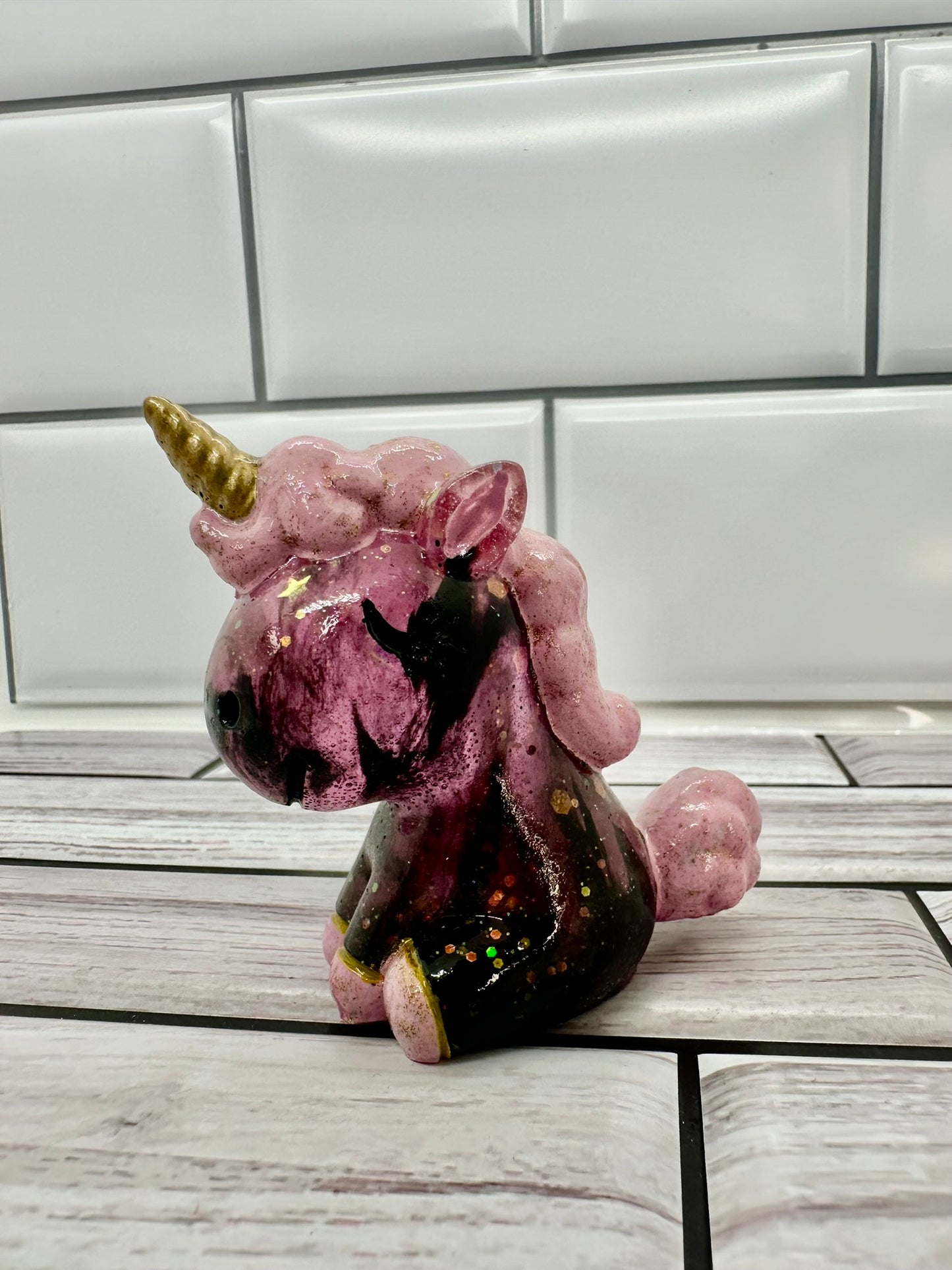 Pink and Black Glitter Unicorn Resin Figurine