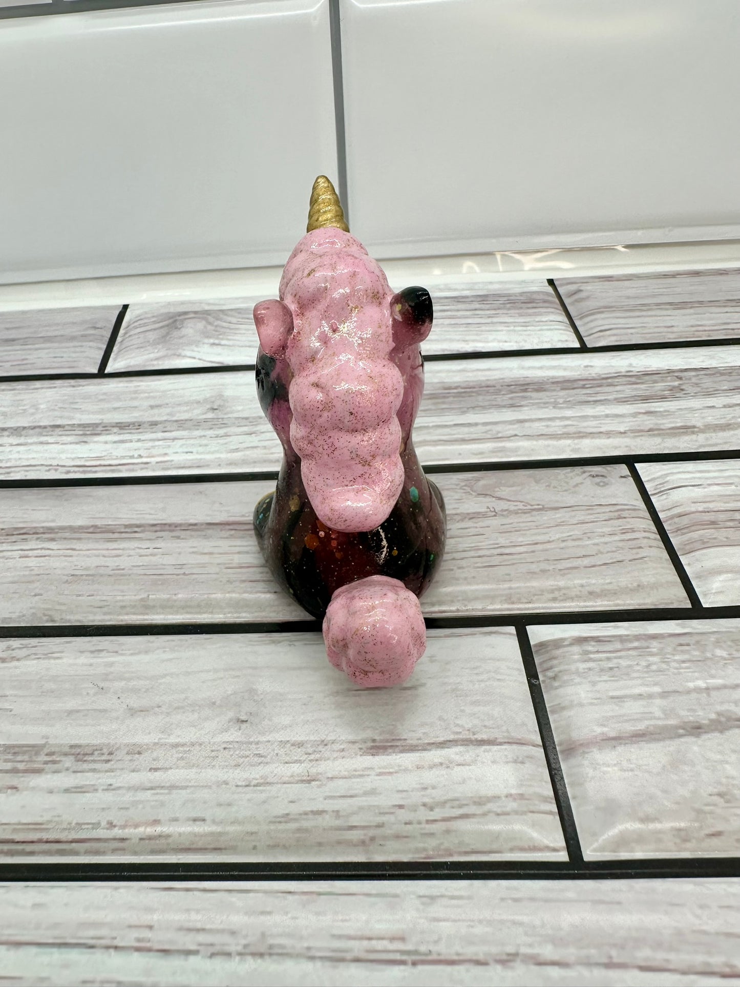 Pink and Black Glitter Unicorn Resin Figurine