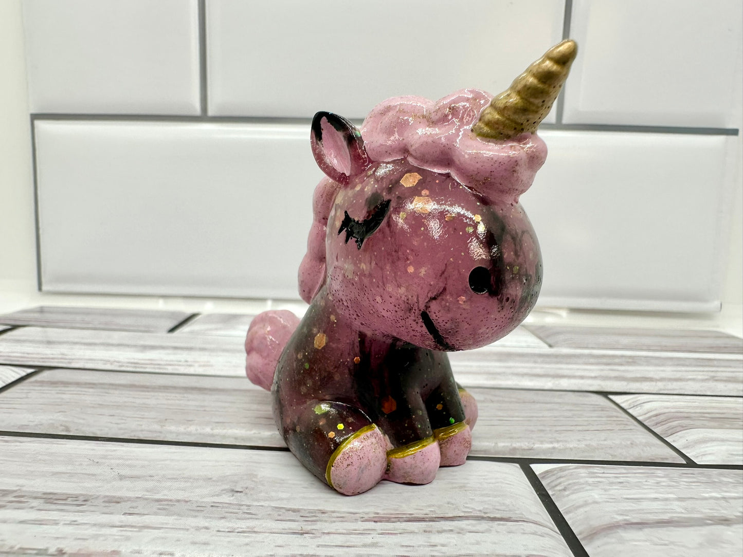 Pink and Black Glitter Unicorn Resin Figurine