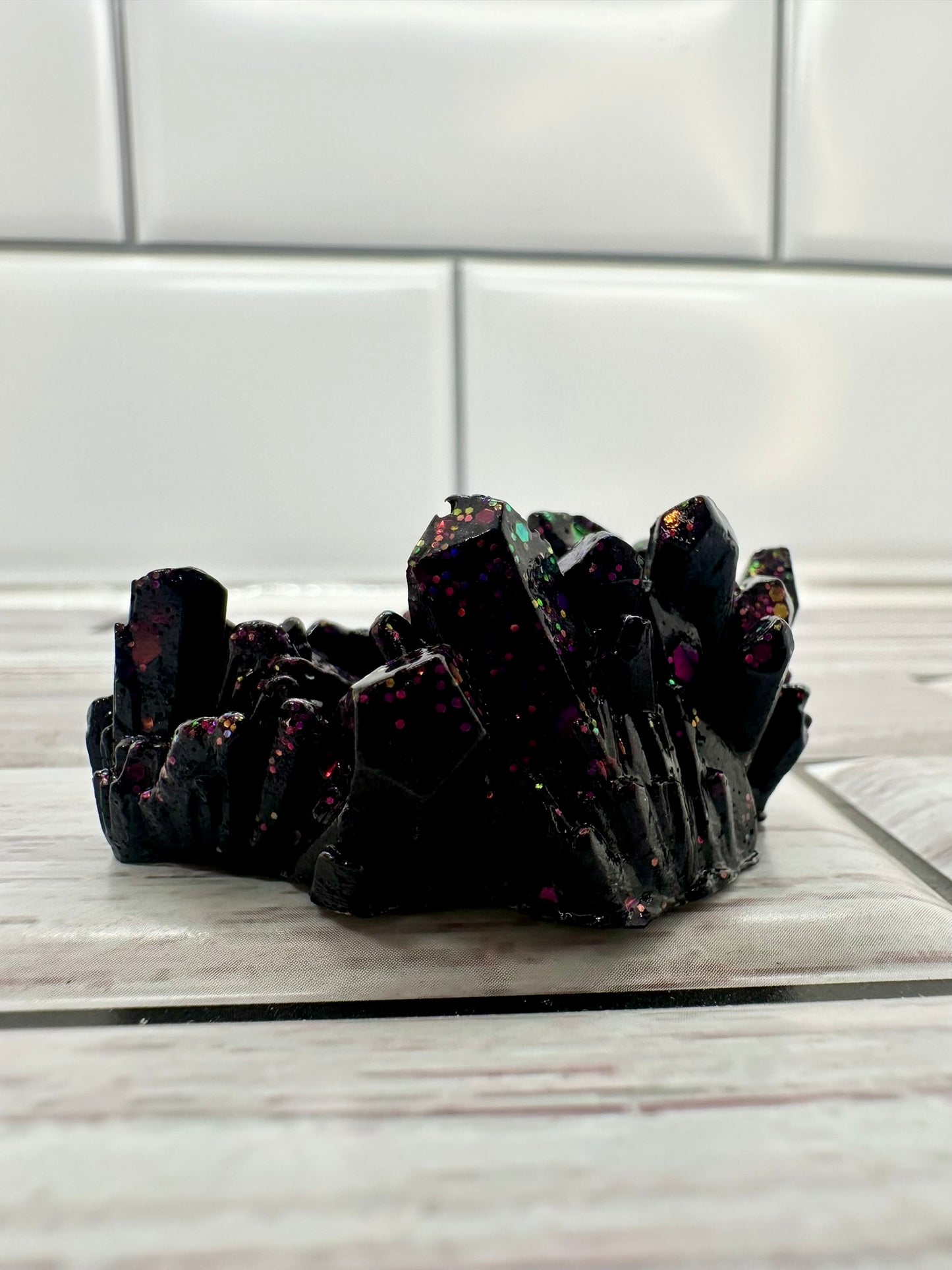 "Midnight Aura" Purple & Black Glitter Resin Crystal Cluster
