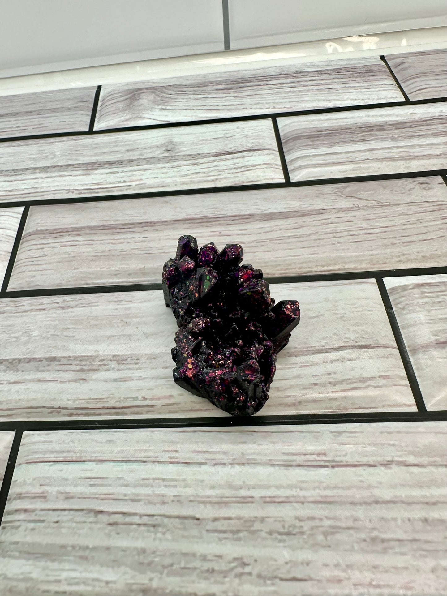 "Midnight Aura" Purple & Black Glitter Resin Crystal Cluster