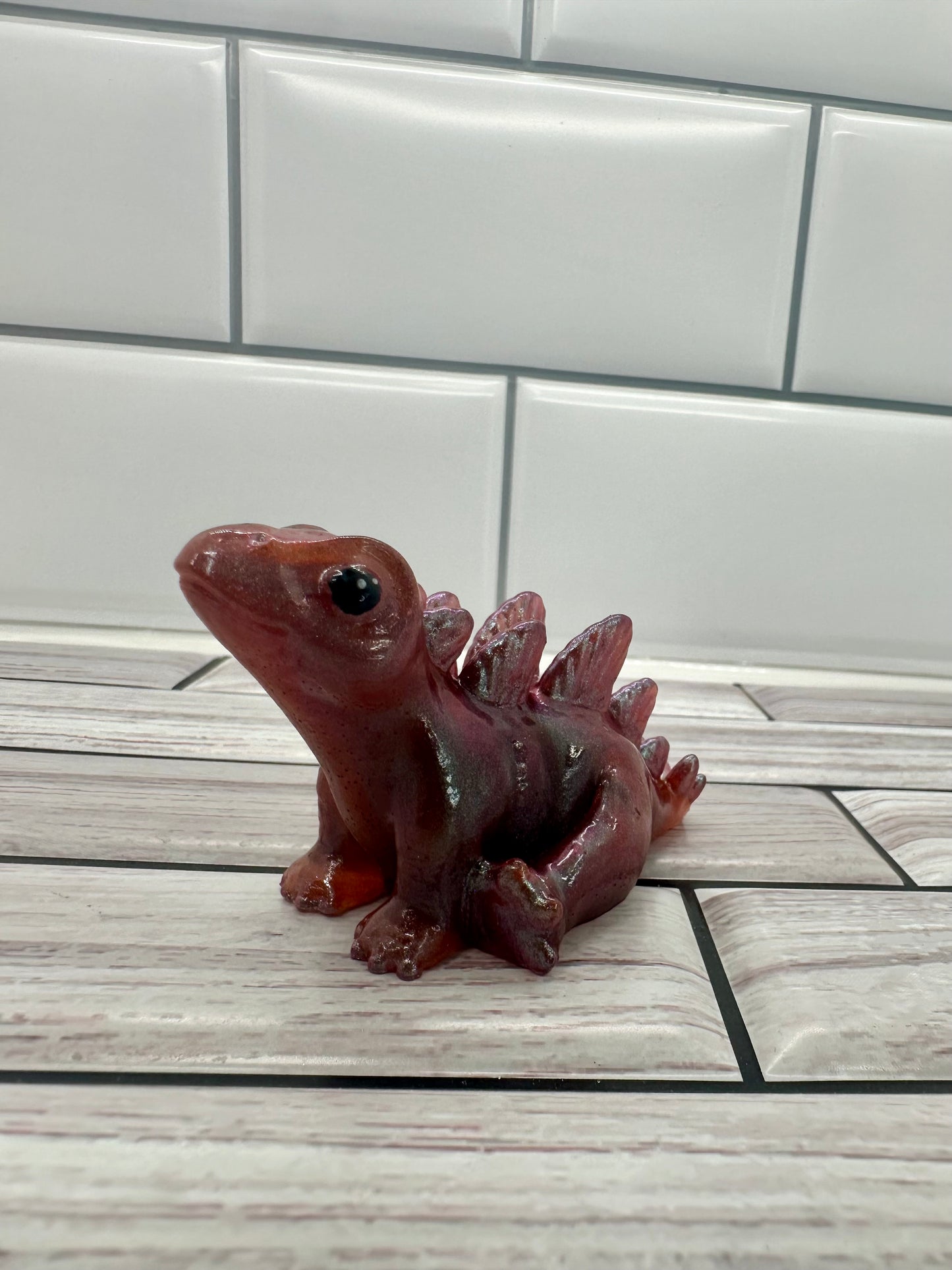 "Cherry Cola Shimmer" Stegosaurus Resin Figurine | Iridescent Dino Desk Buddy