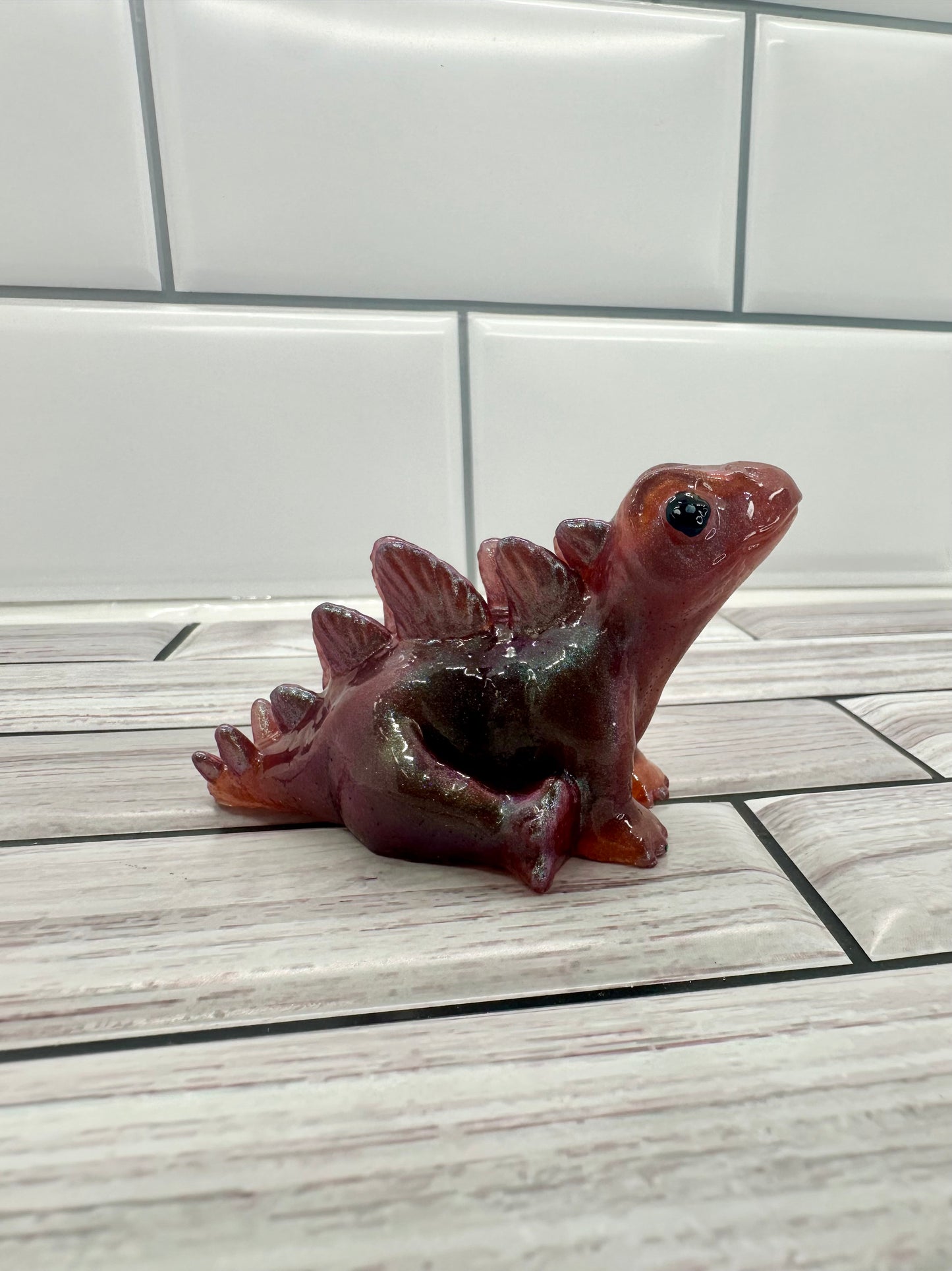 "Cherry Cola Shimmer" Stegosaurus Resin Figurine | Iridescent Dino Desk Buddy