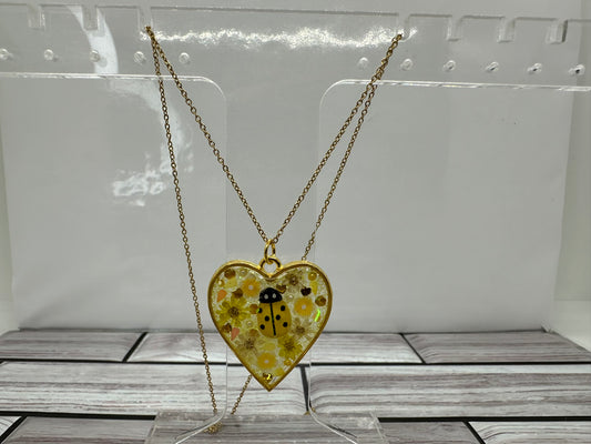 Yellow Ladybug and Flowers Heart Necklace