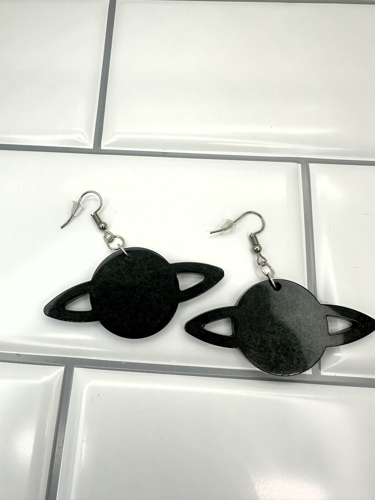 Saturn Dark Green Textured Look Earrings