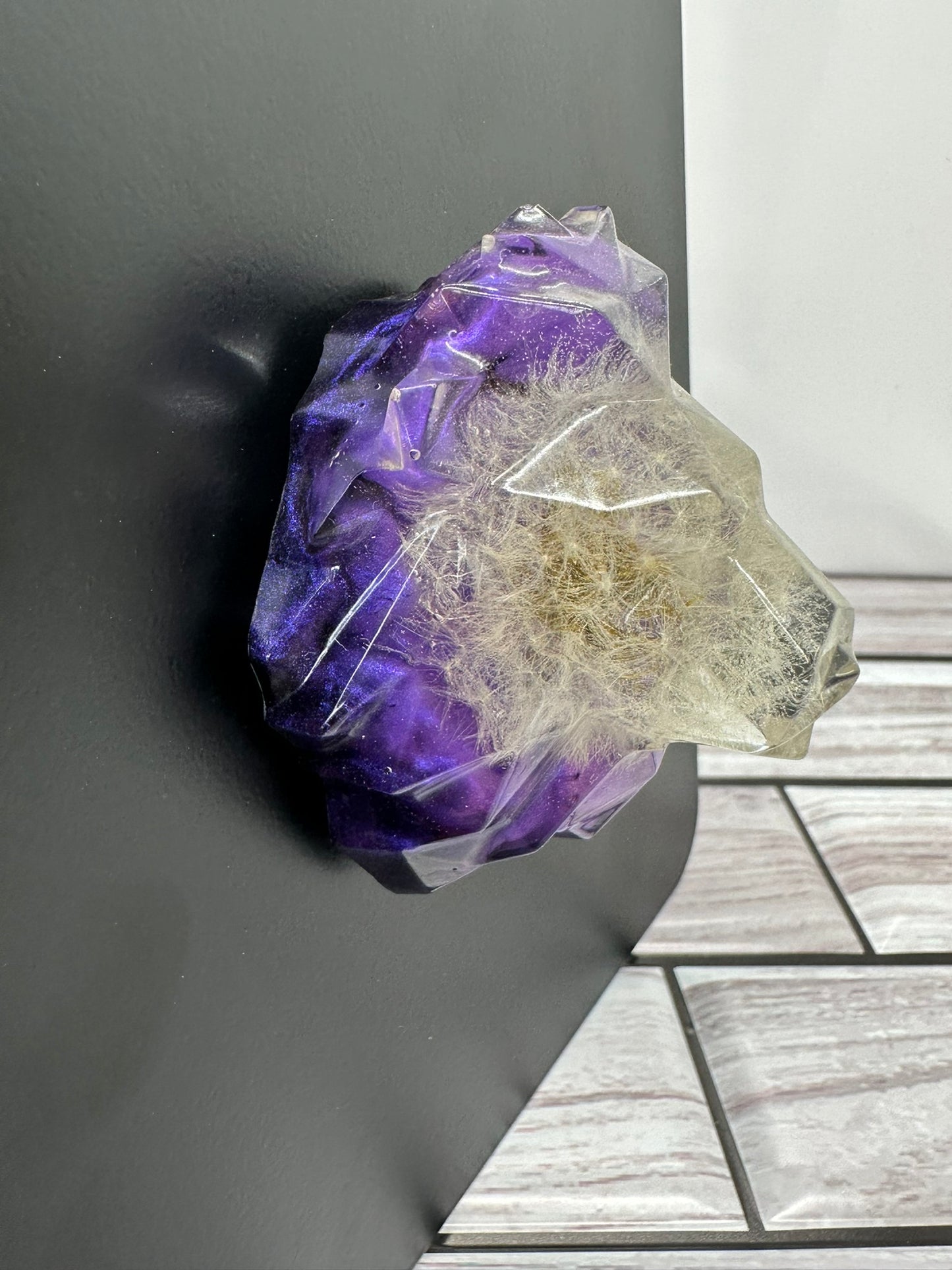 Real Dandelion in Purple Swirl Lion Head Fridge Magnet