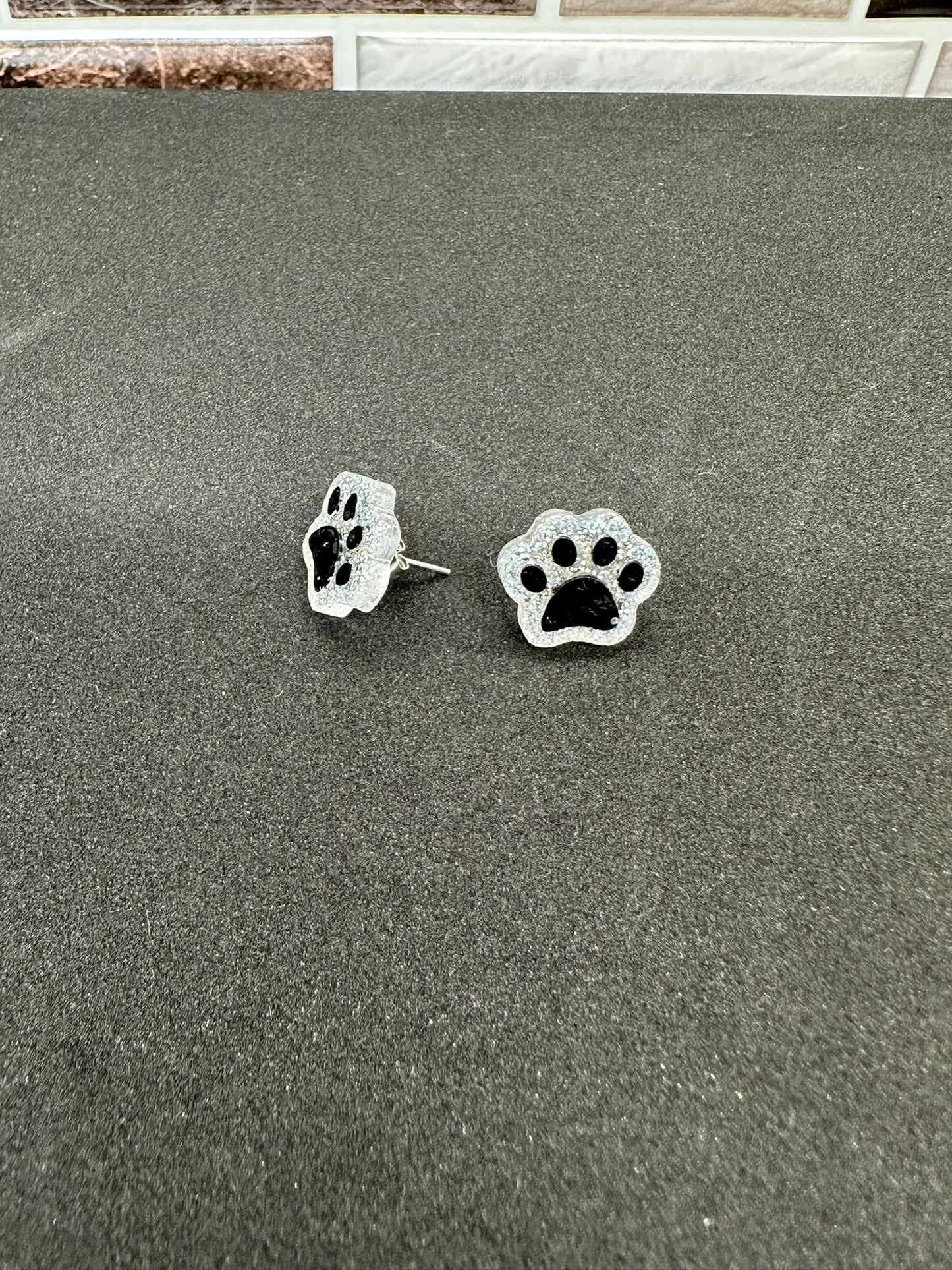 Clear Glitter & Black Animal Paw Print Stud Earrings