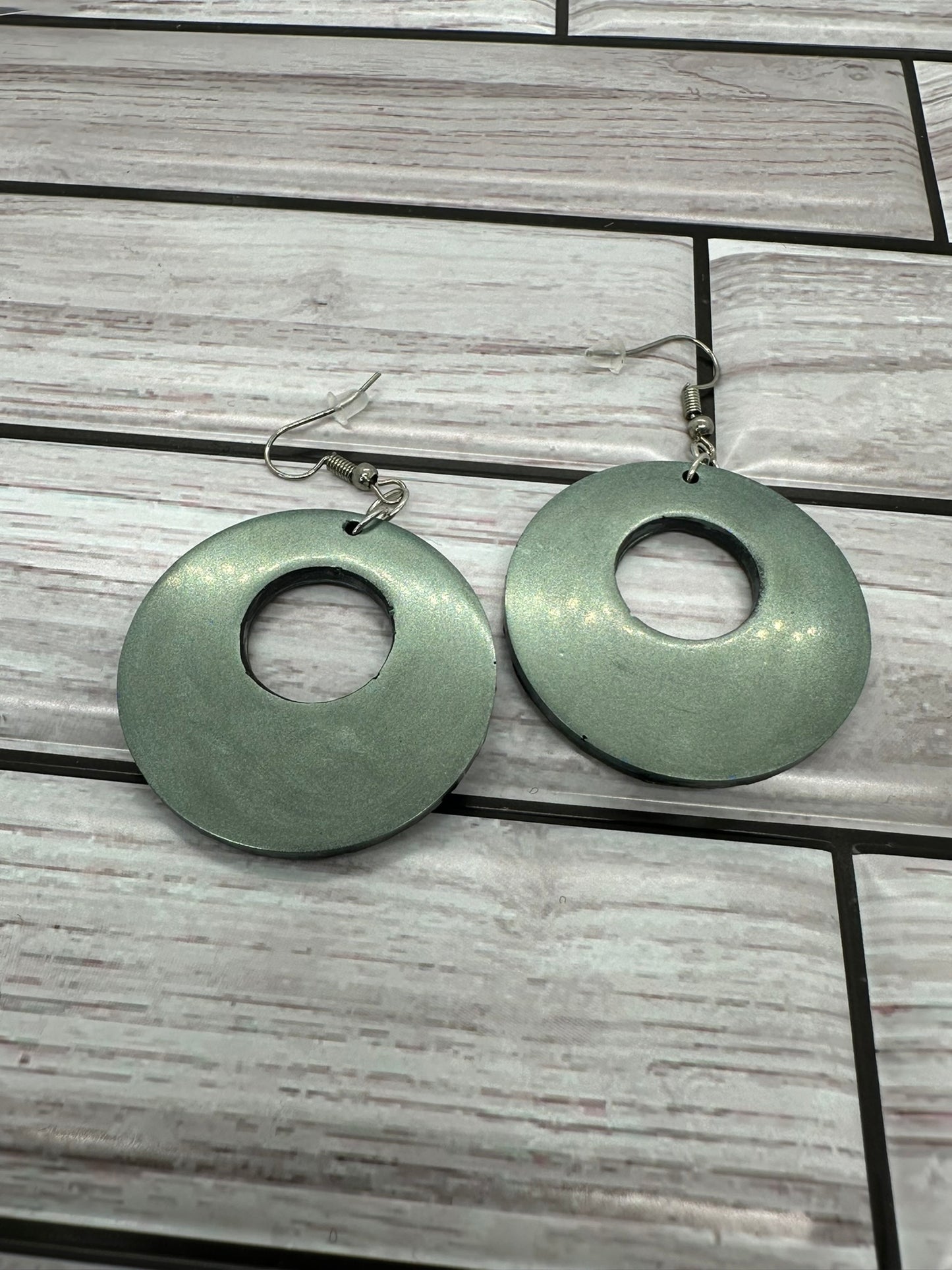 Metallic Grey Green Round Earrings