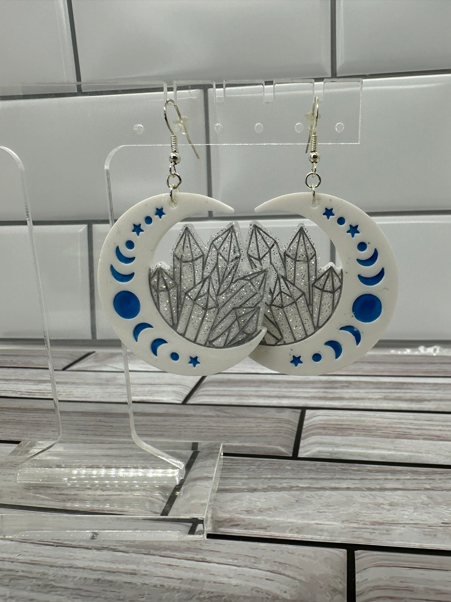 White and Blue Moon Phases with Crystals Earrings