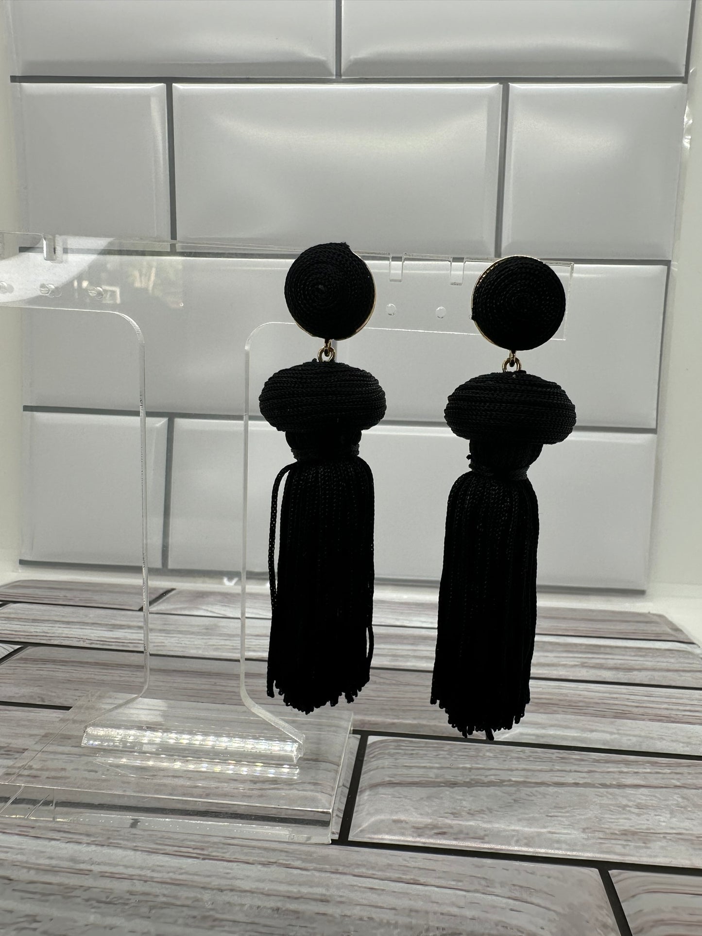 Black Sphere Tassel Earrings