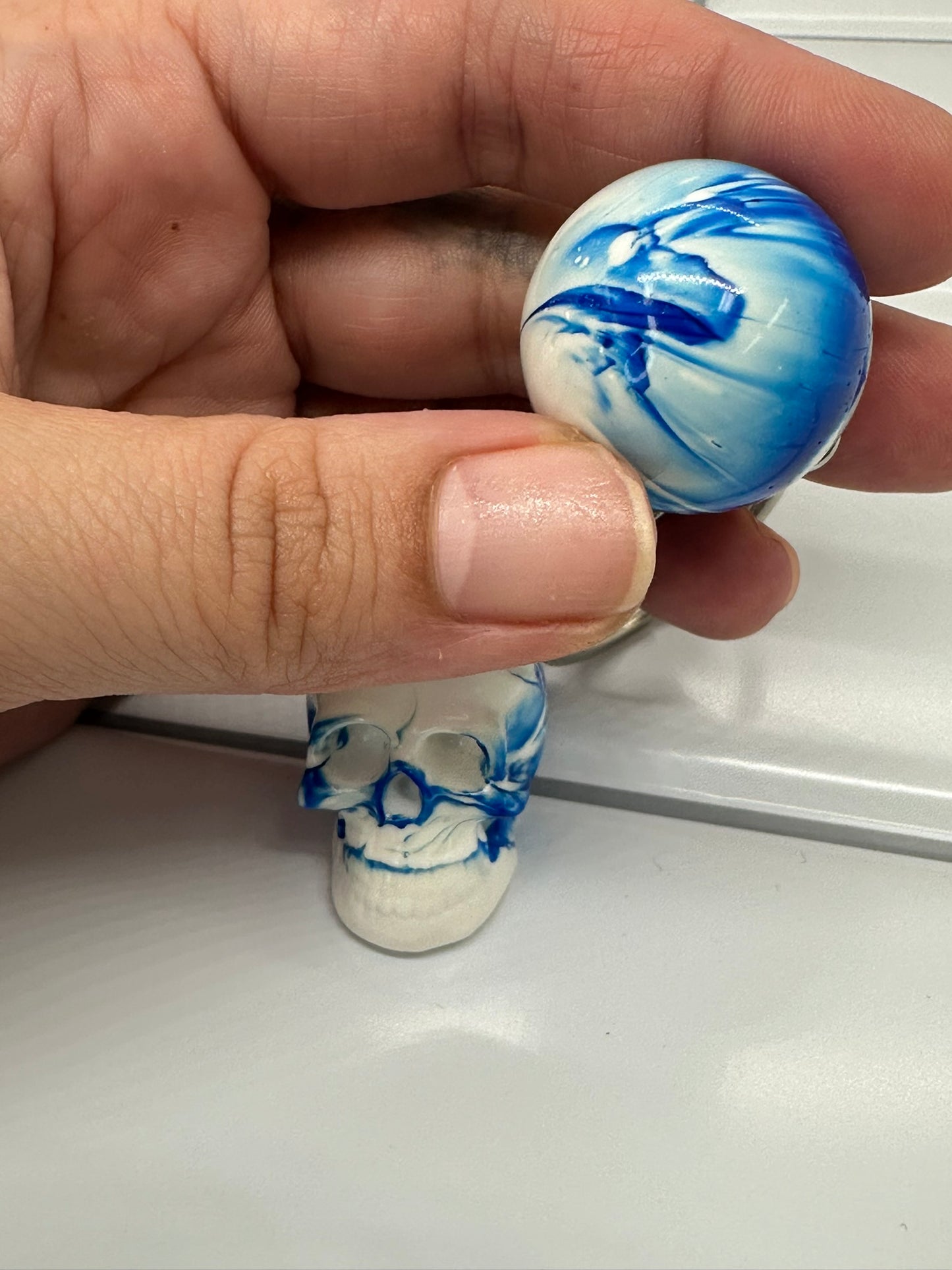 White & Blue Swirl Skull and Sphere Keychain