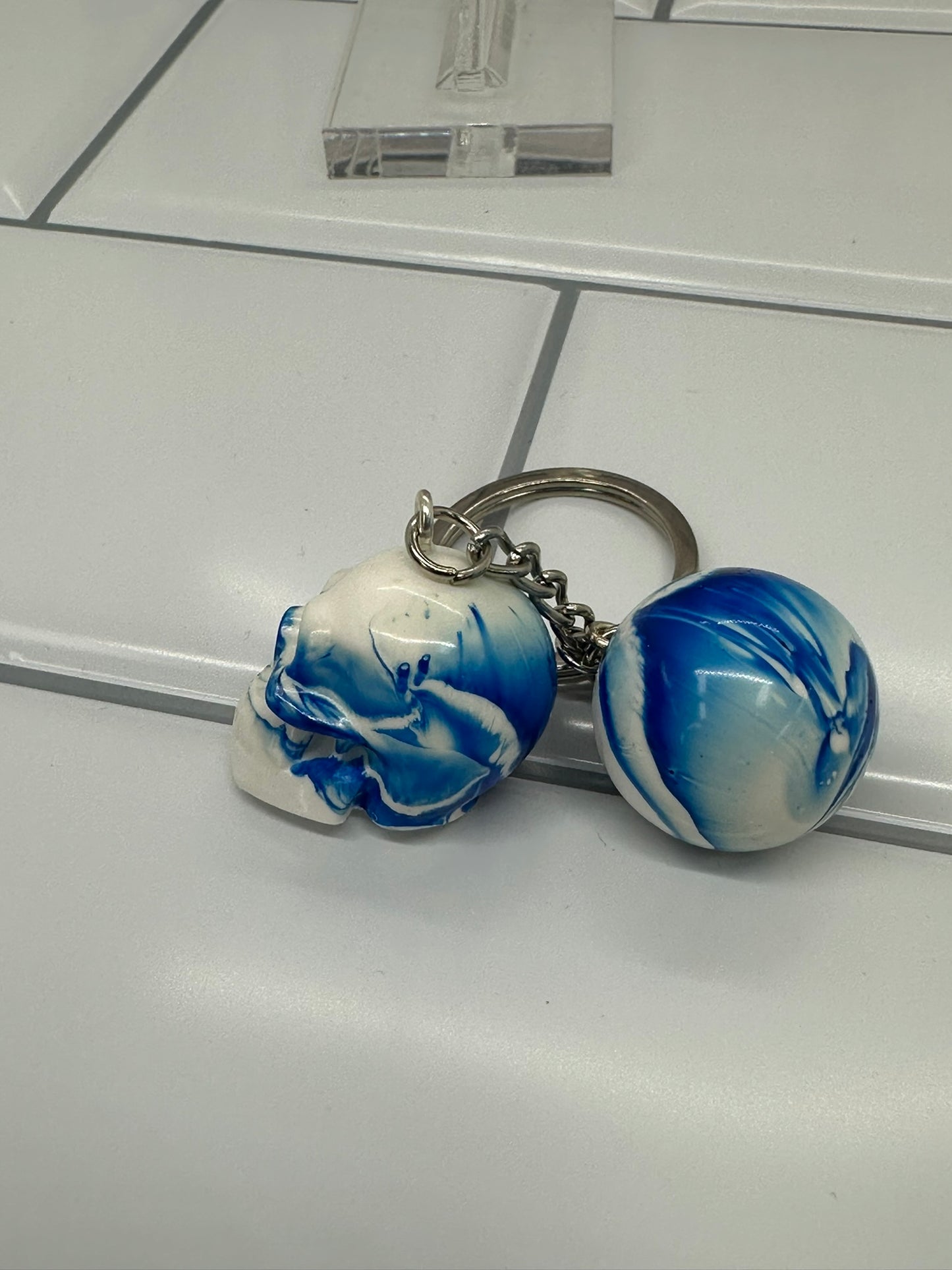 White & Blue Swirl Skull and Sphere Keychain