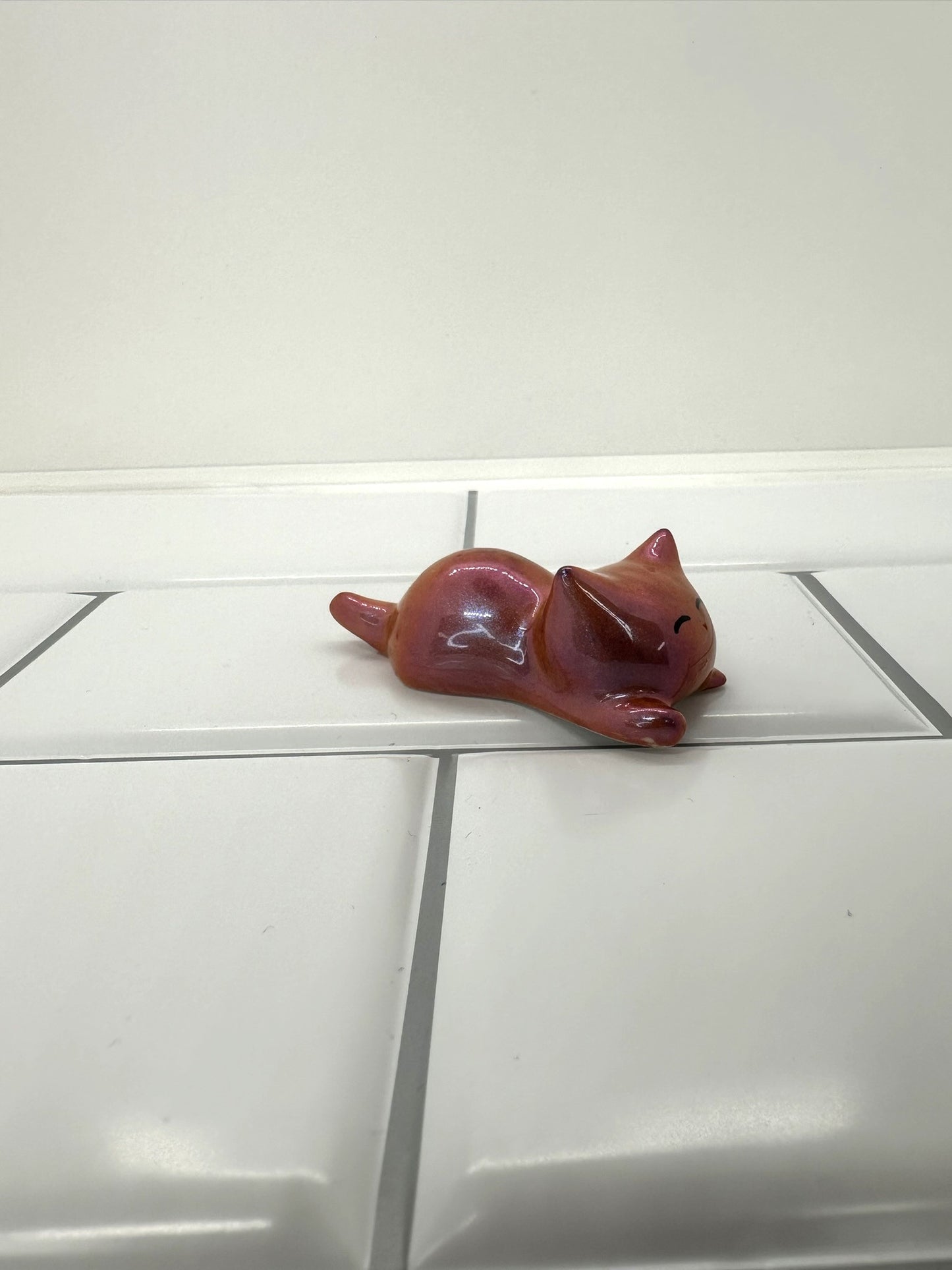 Maroon Pink Resin Sleeping Cat Figurine