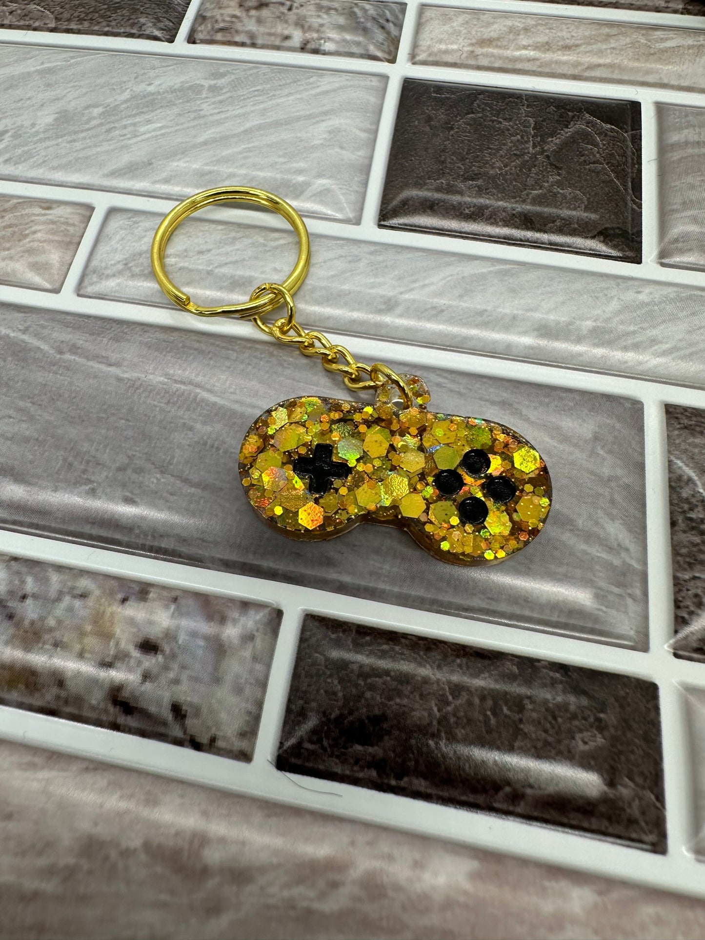 Glitter Gold and Black Gamer Keychain