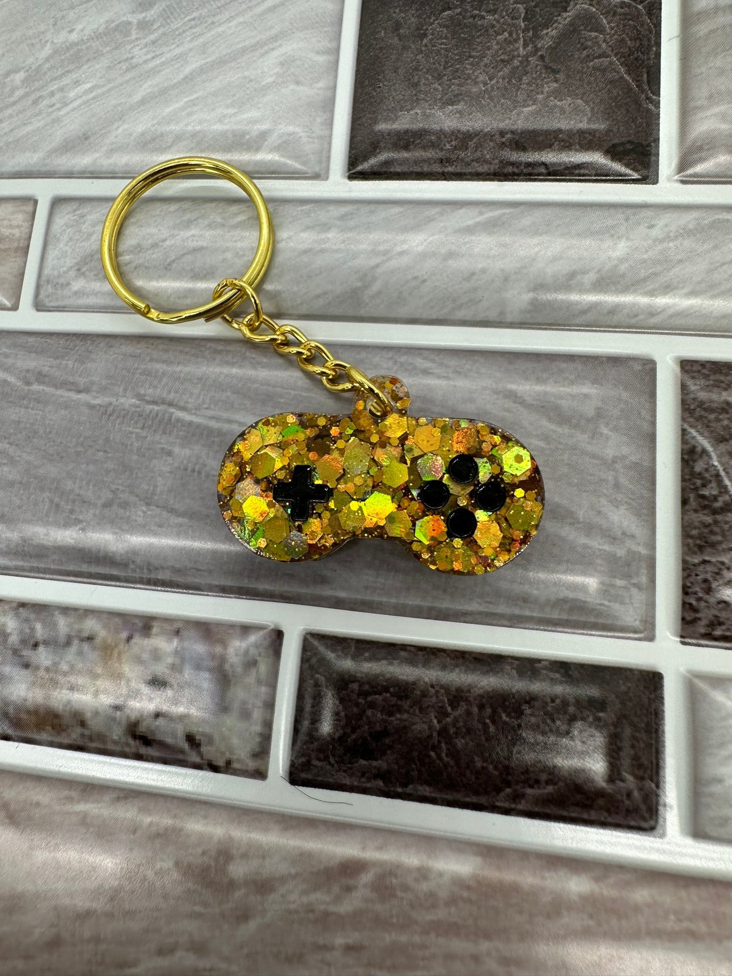 Glitter Gold and Black Gamer Keychain